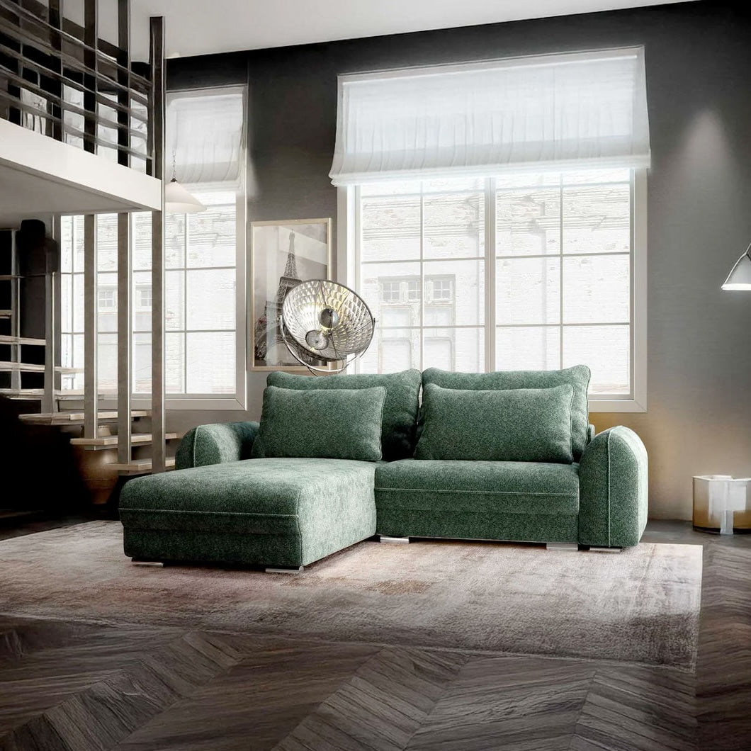 Colțar extensibil dumonde cu ladă de depozitare si sezut confortabil din spuma HR, Denver Euphoria Verde 275x185 cm