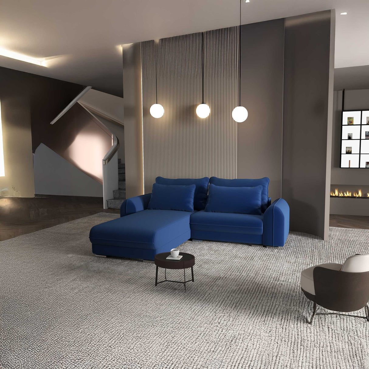 Colțar extensibil dumonde cu ladă de depozitare si sezut confortabil din spuma HR, Denver Royal Albastru 275x185 cm Fabrica
