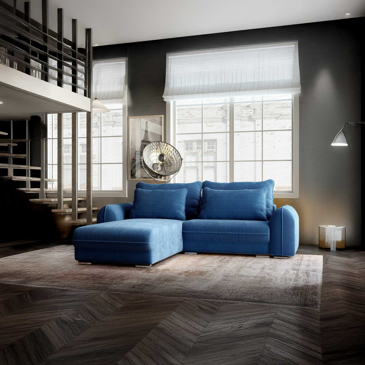 Colțar extensibil dumonde cu ladă de depozitare si sezut confortabil din spuma HR, Denver Zoom Albastru 275x185 cm Fabrica