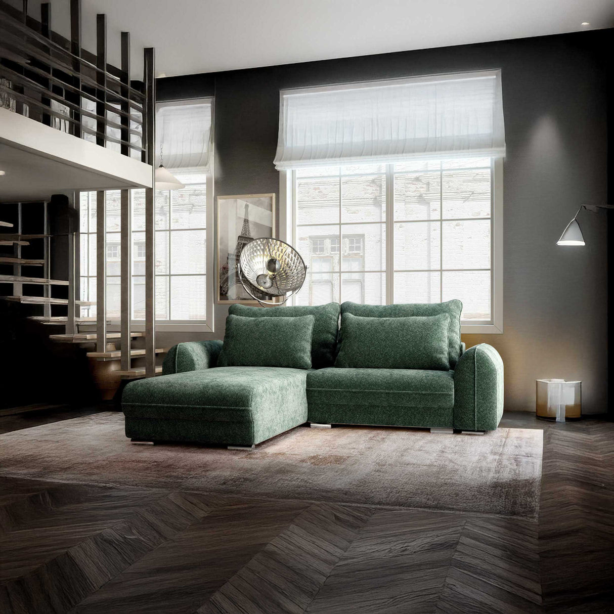 Colțar extensibil dumonde cu ladă de depozitare si sezut confortabil din spuma HR, Denver Euphoria Verde 275x185 cm Fabrica