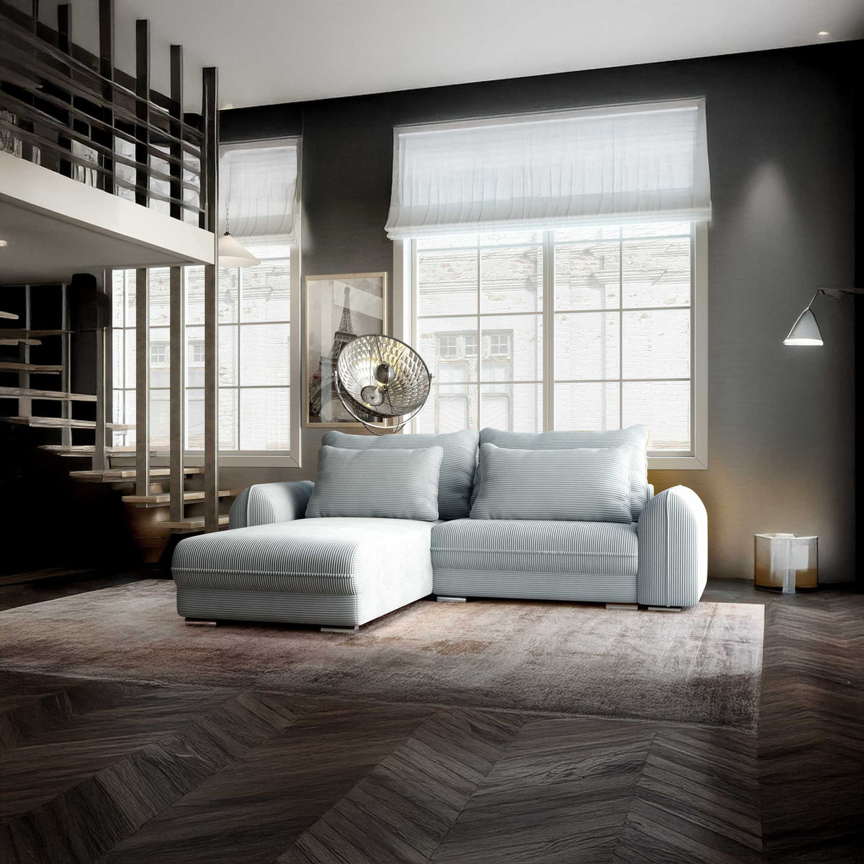 Colțar extensibil dumonde cu ladă de depozitare si sezut confortabil din spuma HR, Denver Zoom Gri Mint 275x185 cm Fabrica