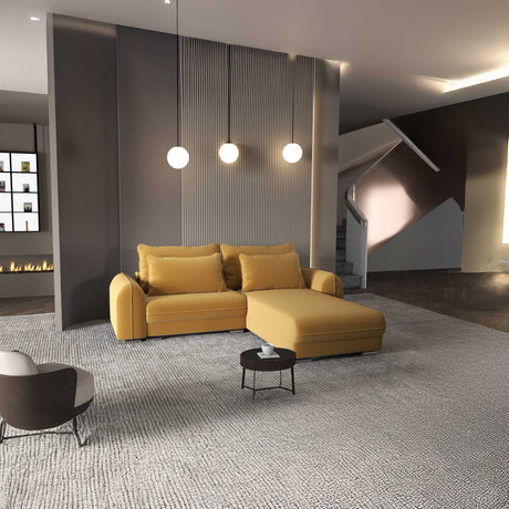 Colțar extensibil dumonde cu ladă de depozitare si sezut confortabil din spuma HR, Denver Royal Mustar 275x185 cm Fabrica