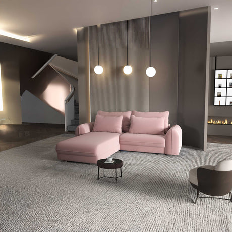 Colțar extensibil dumonde cu ladă de depozitare si sezut confortabil din spuma HR, Denver Royal Roz 275x185 cm Fabrica