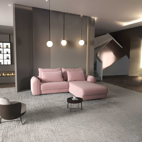 Colțar extensibil dumonde cu ladă de depozitare si sezut confortabil din spuma HR, Denver Royal Roz 275x185 cm II Fabrica