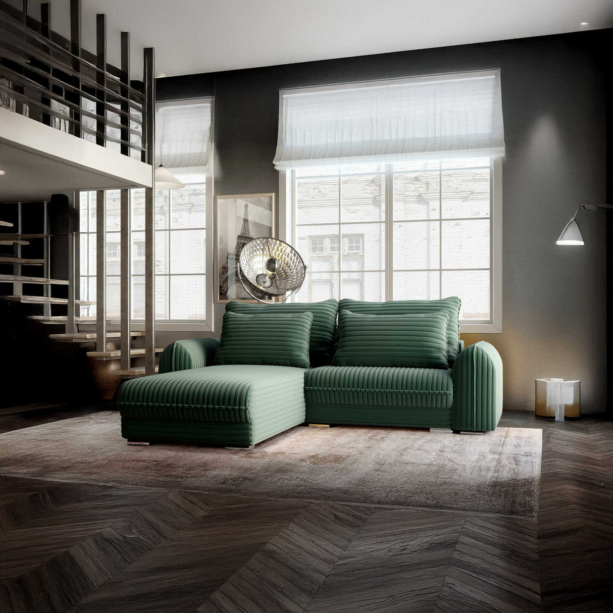 Colțar extensibil dumonde cu ladă de depozitare si sezut confortabil din spuma HR, Denver Ambience Verde 275x185 cm Fabrica