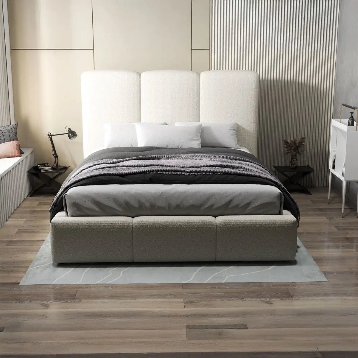 Pat dormitor dumonde, tapitat bej, Dinasty 180x200 cm, somiera rabatabila inclusa, spatiu depozitare WLS