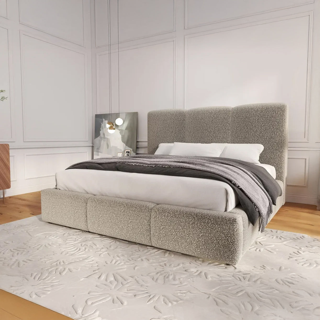 Pat dormitor dumonde, tapitat gri, Dinasty 160x200 cm, somiera rabatabila inclusa, spatiu depozitare