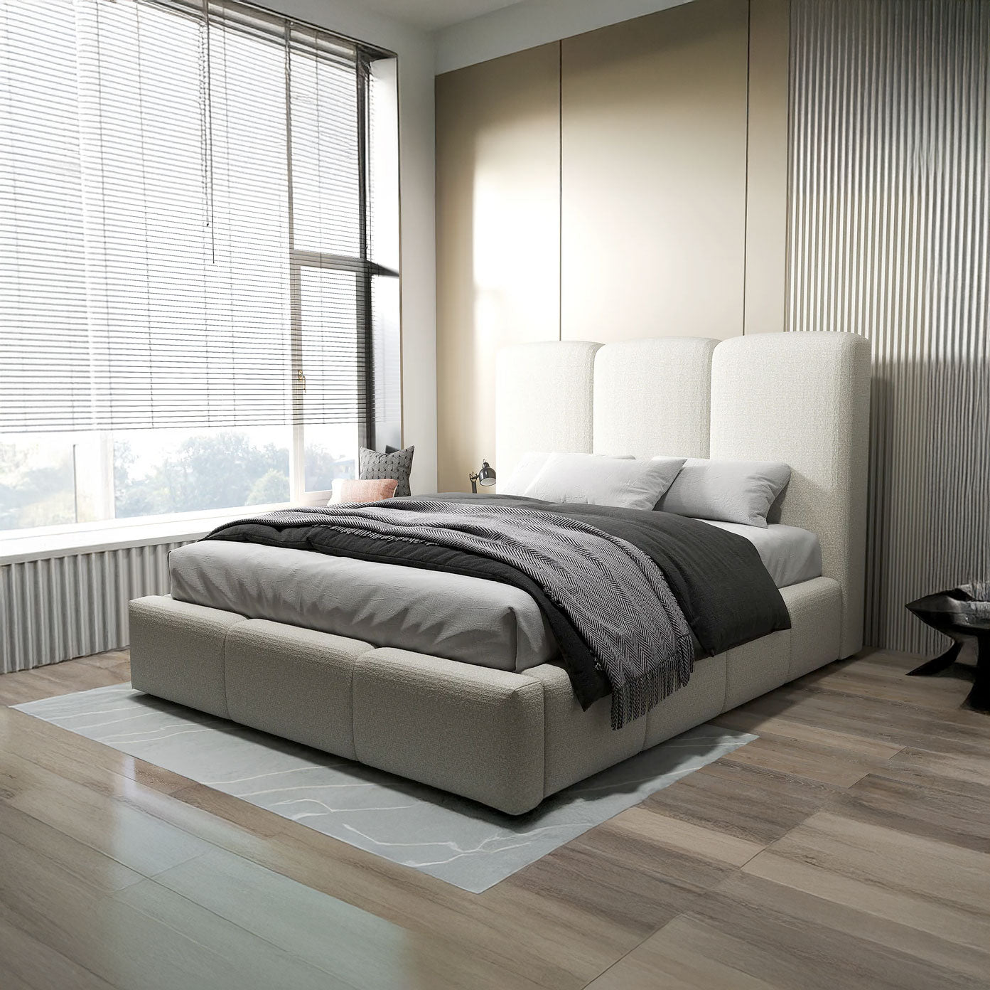 Pat dormitor dumonde, tapitat bej, Dinasty 180x200 cm, somiera rabatabila inclusa, spatiu depozitare