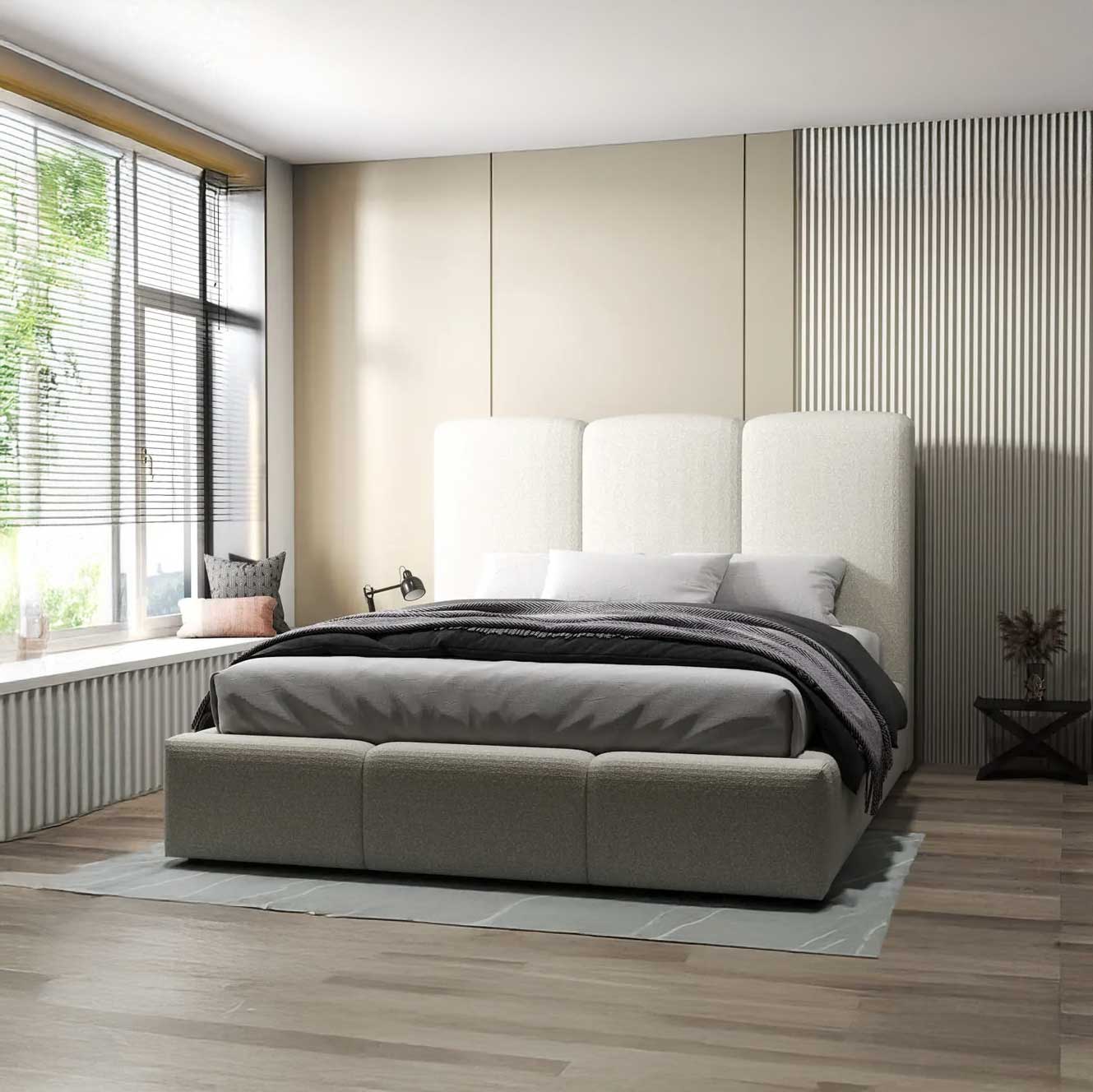 Pat dormitor dumonde, tapitat bej, Dinasty 180x200 cm, somiera rabatabila inclusa, spatiu depozitare