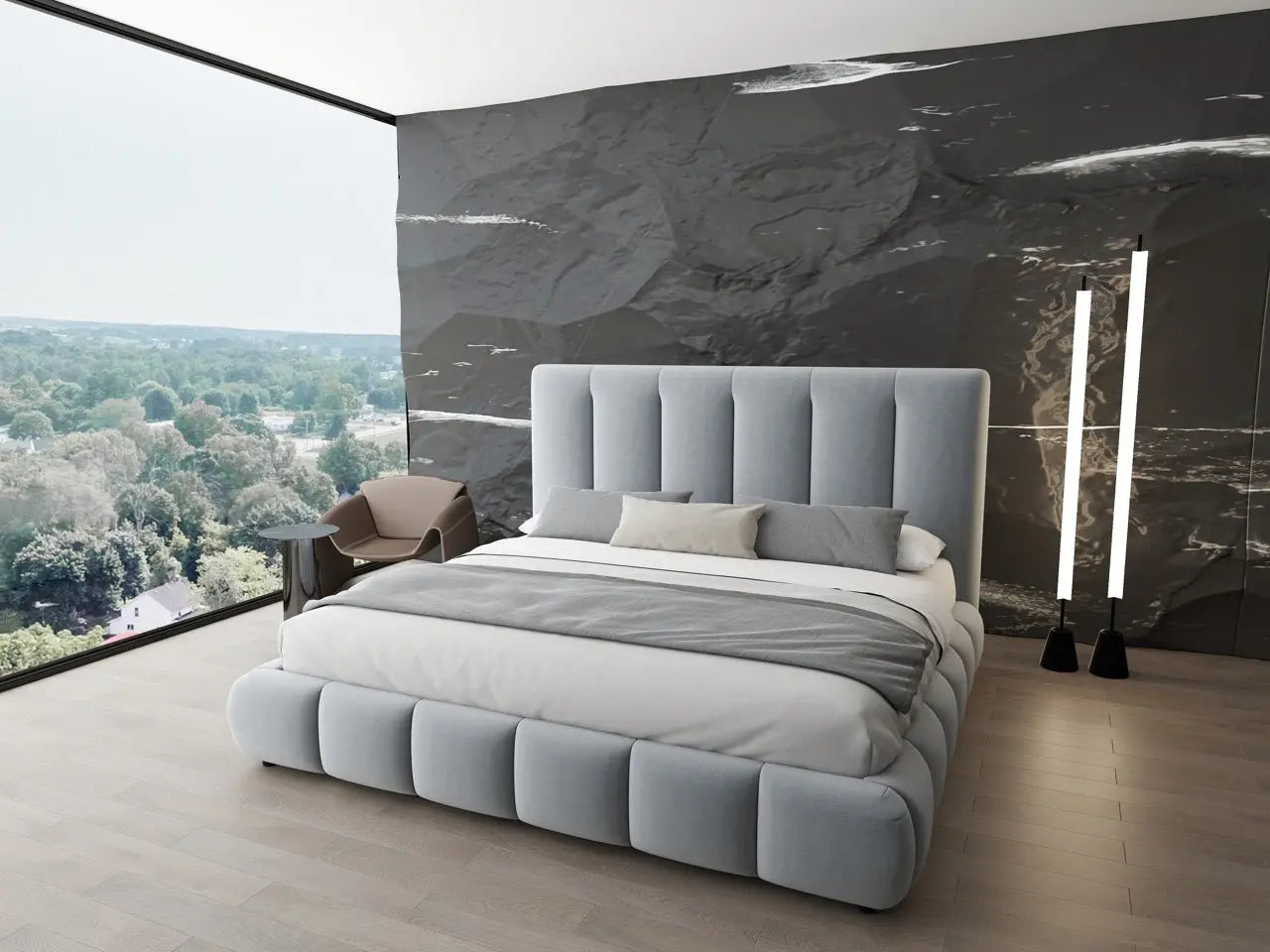 Pat dormitor dumonde, tapitat gri, Divaneo 180x200 cm, somiera rabatabila inclusa, spatiu depozitare WLS