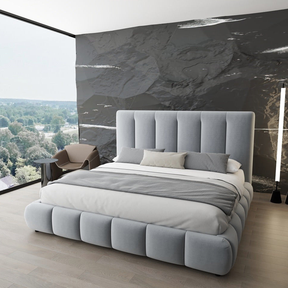 Pat dormitor dumonde, tapitat gri, Divaneo 140x200 cm, somiera rabatabila inclusa, spatiu depozitare