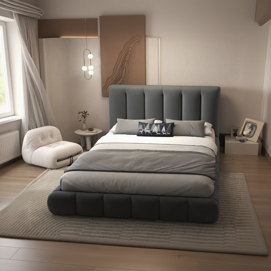 Pat dormitor dumonde, tapitat gri, Divaneo 160x200 cm, somiera rabatabila inclusa, spatiu depozitare