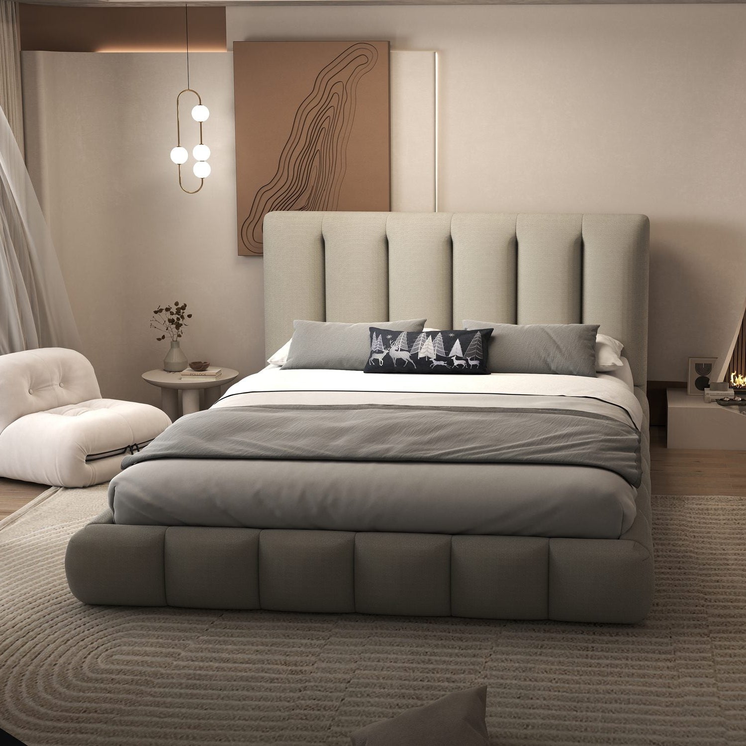 Pat dormitor dumonde, tapitat bej, Divaneo 160x200 cm, somiera rabatabila inclusa, spatiu depozitare