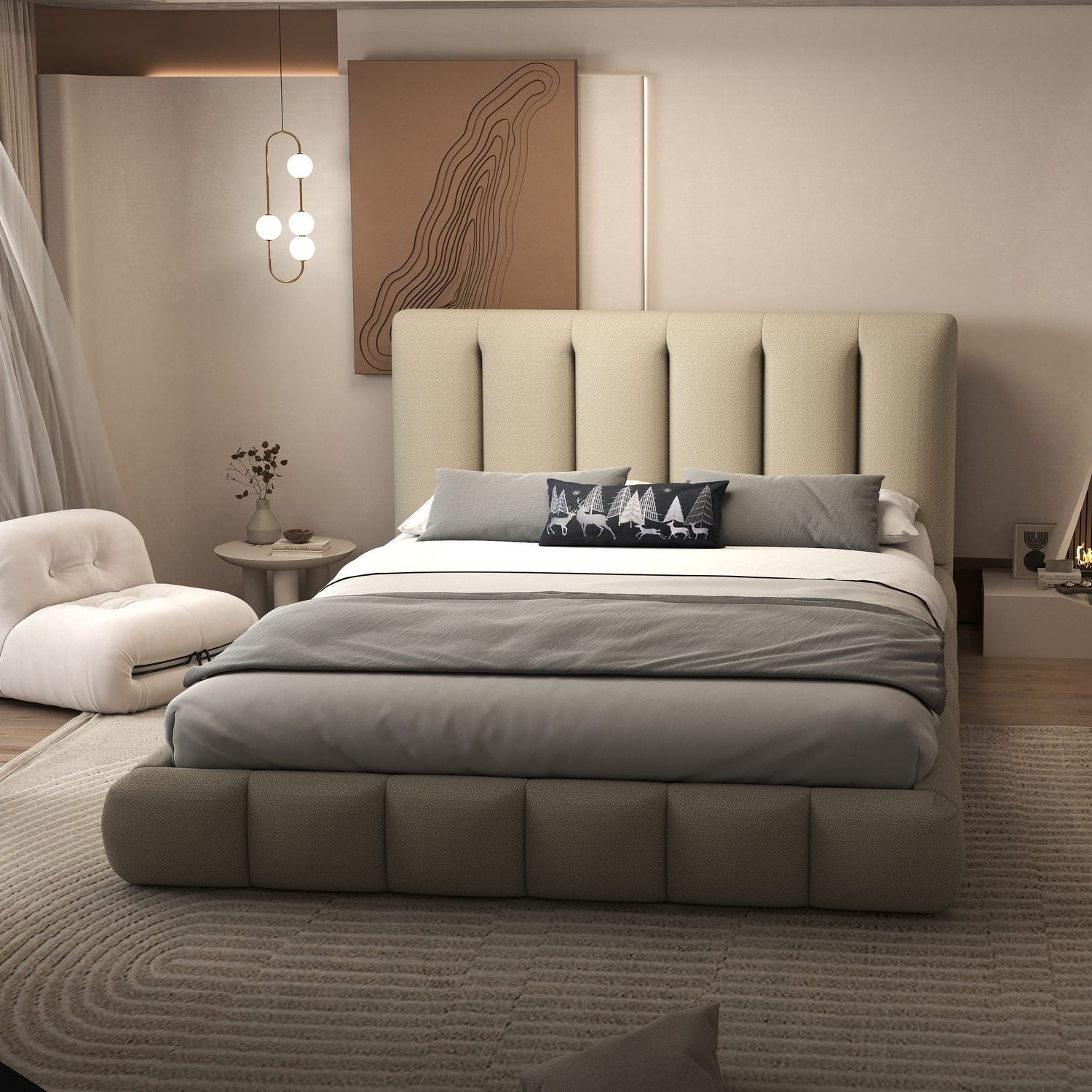 Pat dormitor dumonde, tapitat bej, Divaneo 180x200 cm, somiera rabatabila inclusa, spatiu depozitare