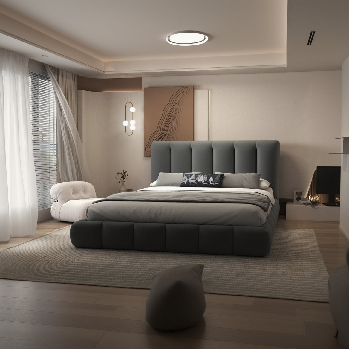 Pat dormitor dumonde, tapitat gri, Divaneo 180x200 cm, somiera rabatabila inclusa, spatiu depozitare