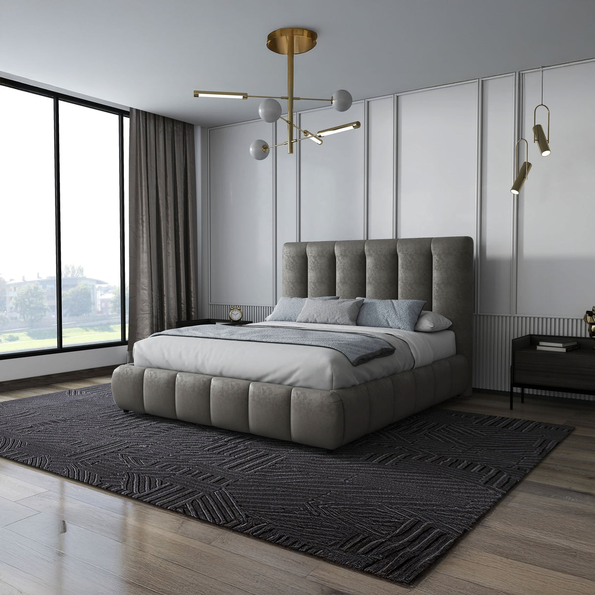Pat dormitor dumonde, tapitat bej, Divaneo 140x200 cm, somiera rabatabila inclusa, spatiu depozitare