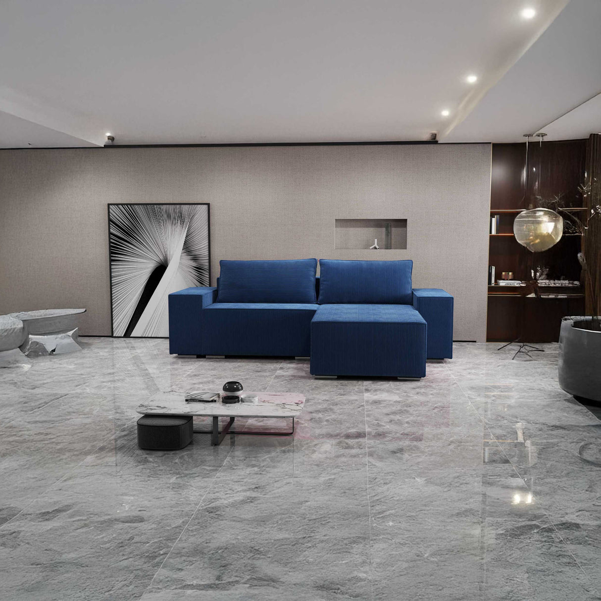 Colțar extensibil dumonde cu ladă de depozitare si sezut confortabil din spuma HR, Dream Zoom Albastru 290x185 cm II Fabrica