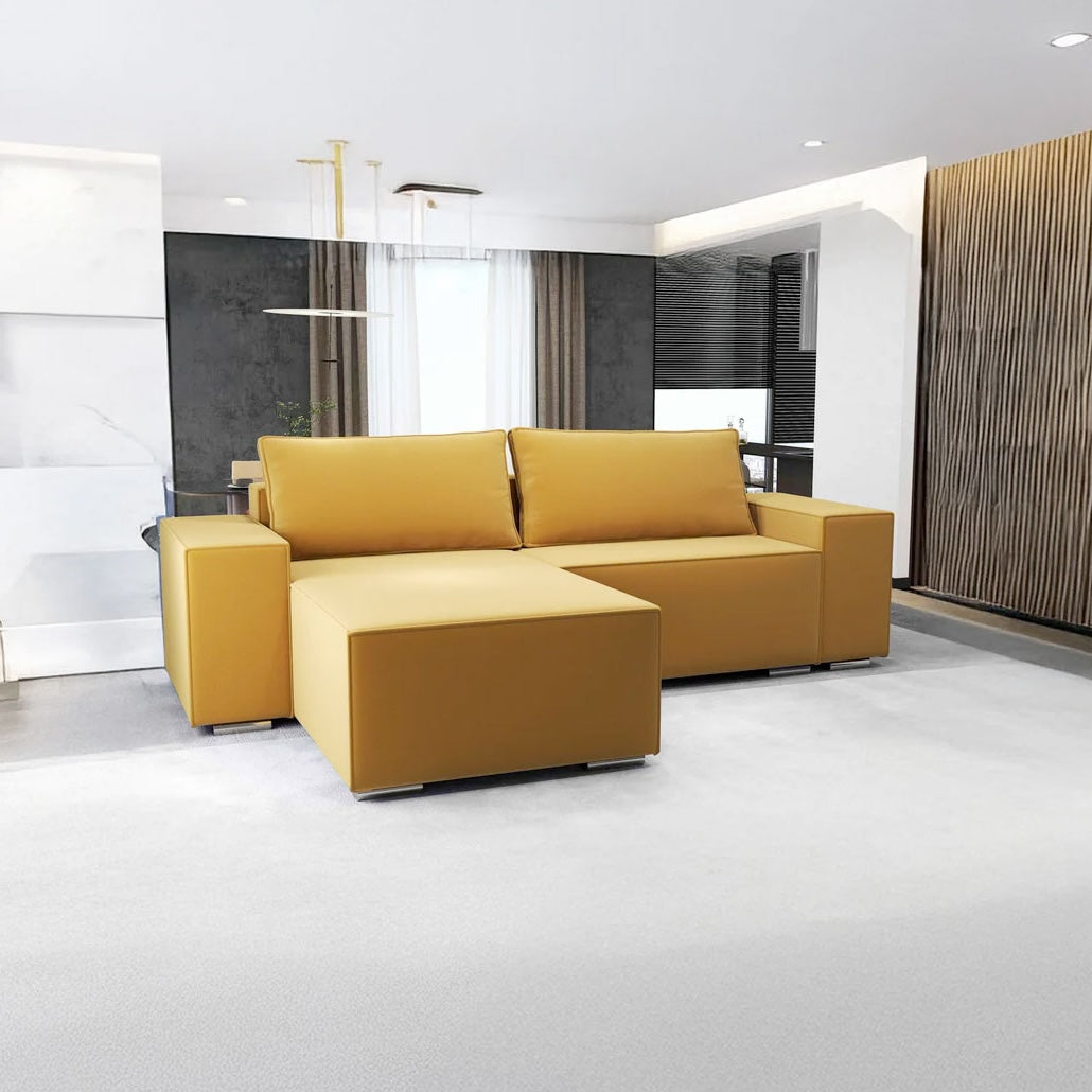 Colțar extensibil dumonde cu ladă de depozitare si sezut confortabil din spuma HR, Dream Royal Mustar 290x185 cm