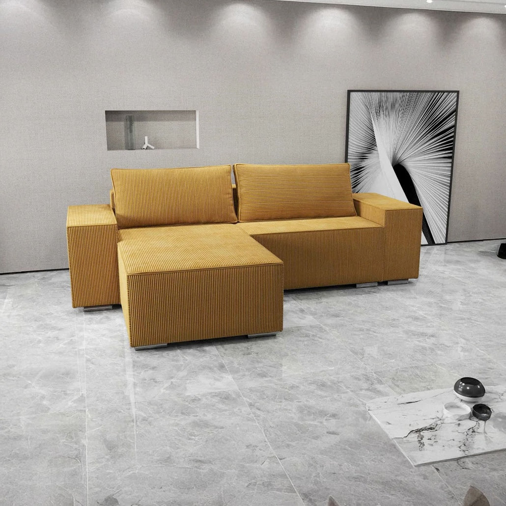 Colțar extensibil dumonde cu ladă de depozitare si sezut confortabil din spuma HR, Dream Zoom Mustar 290x185 cm
