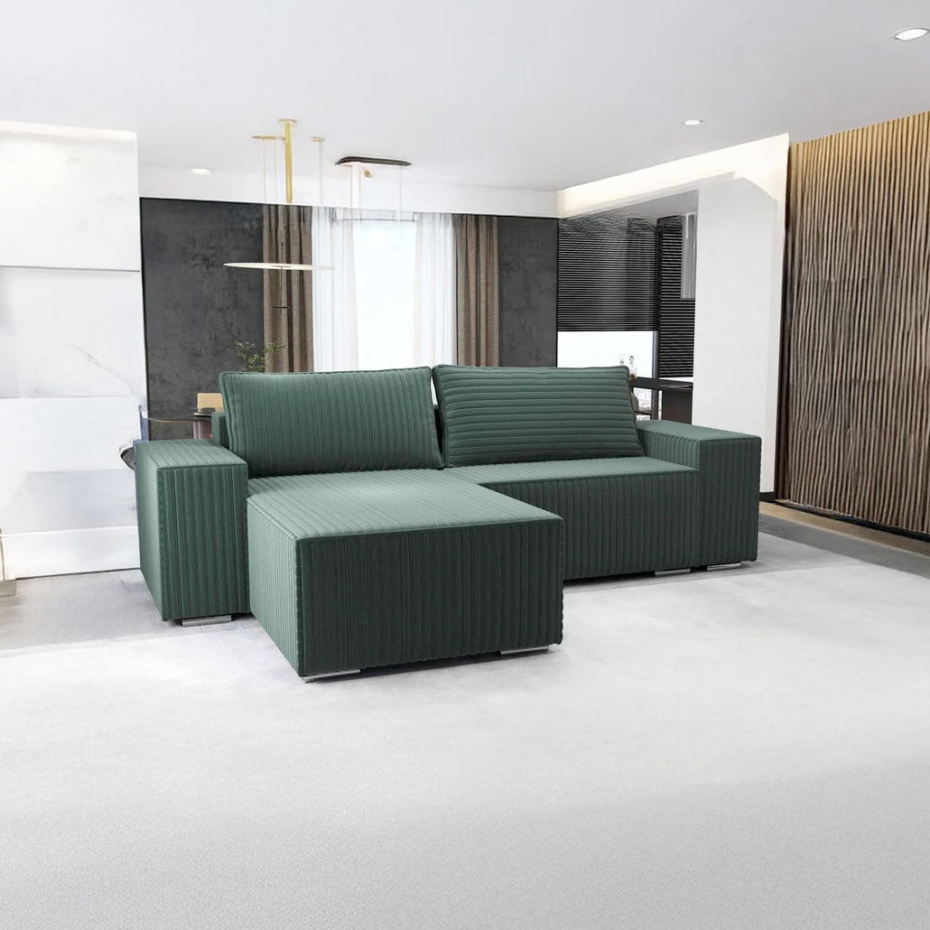 Colțar extensibil dumonde cu ladă de depozitare si sezut confortabil din spuma HR, Dream Ambience Verde 290x185 cm