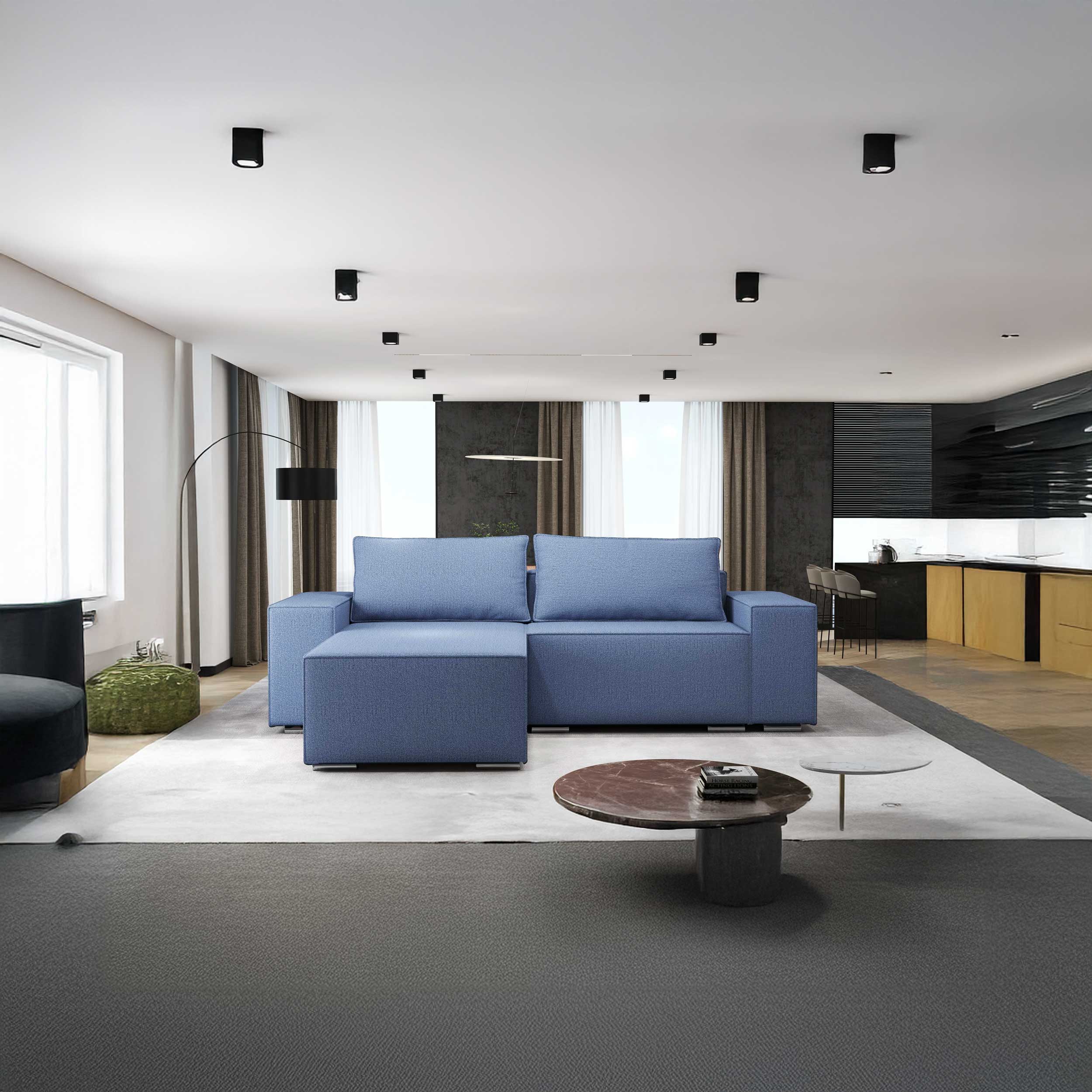 Colțar extensibil dumonde cu ladă de depozitare si sezut confortabil din spuma HR, Dream Enjoy Albastru 290x185 cm Fabrica