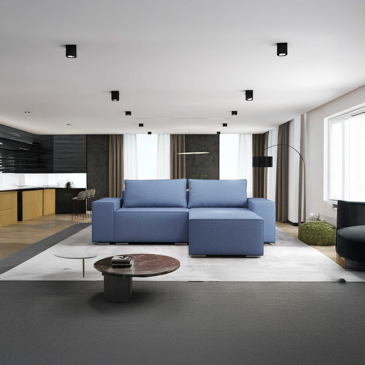 Colțar extensibil dumonde cu ladă de depozitare si sezut confortabil din spuma HR, Dream Enjoy Albastru 290x185 cm II Fabrica