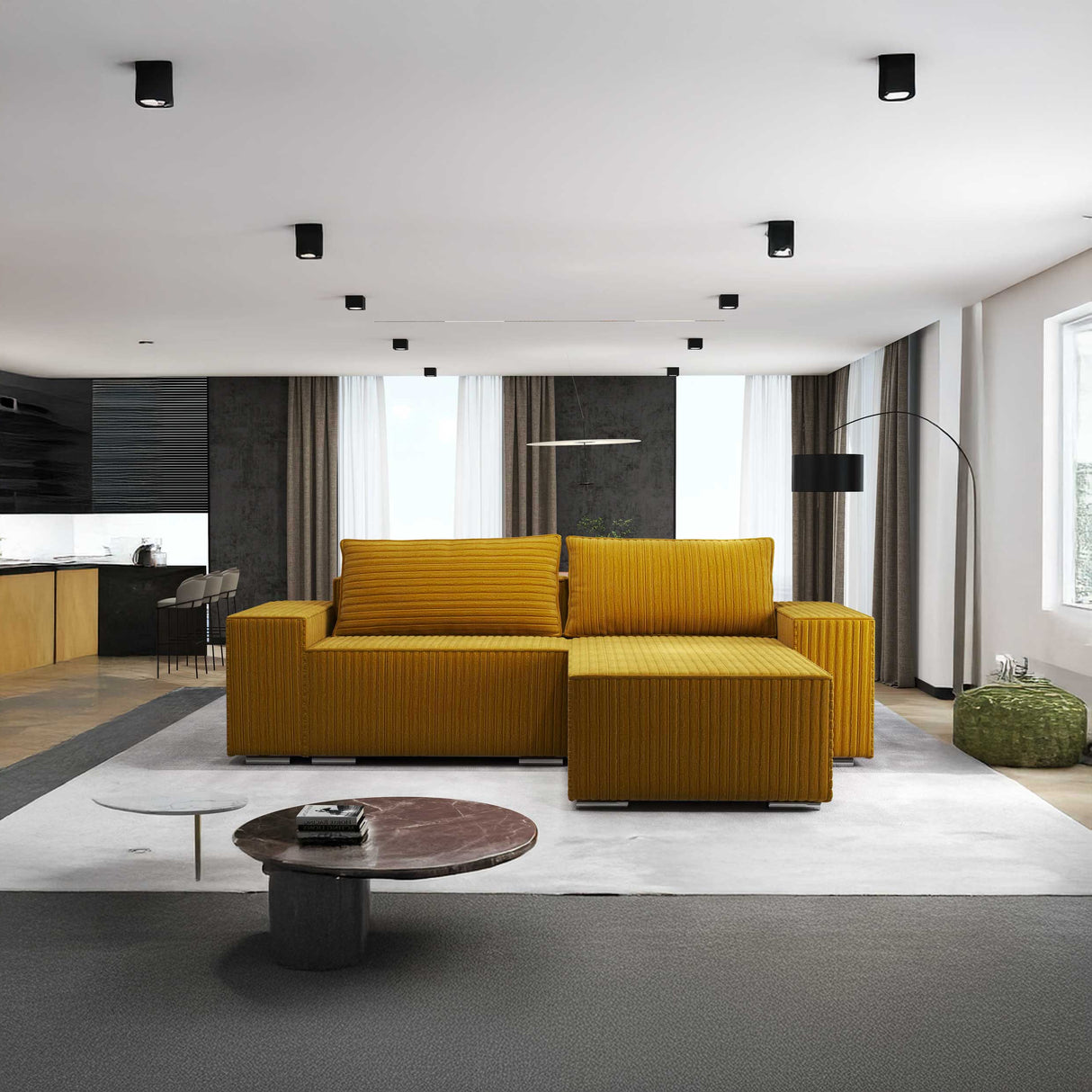 Colțar extensibil dumonde cu ladă de depozitare si sezut confortabil din spuma HR, Dream Ambience Mustar 290x185 cm II Fabrica