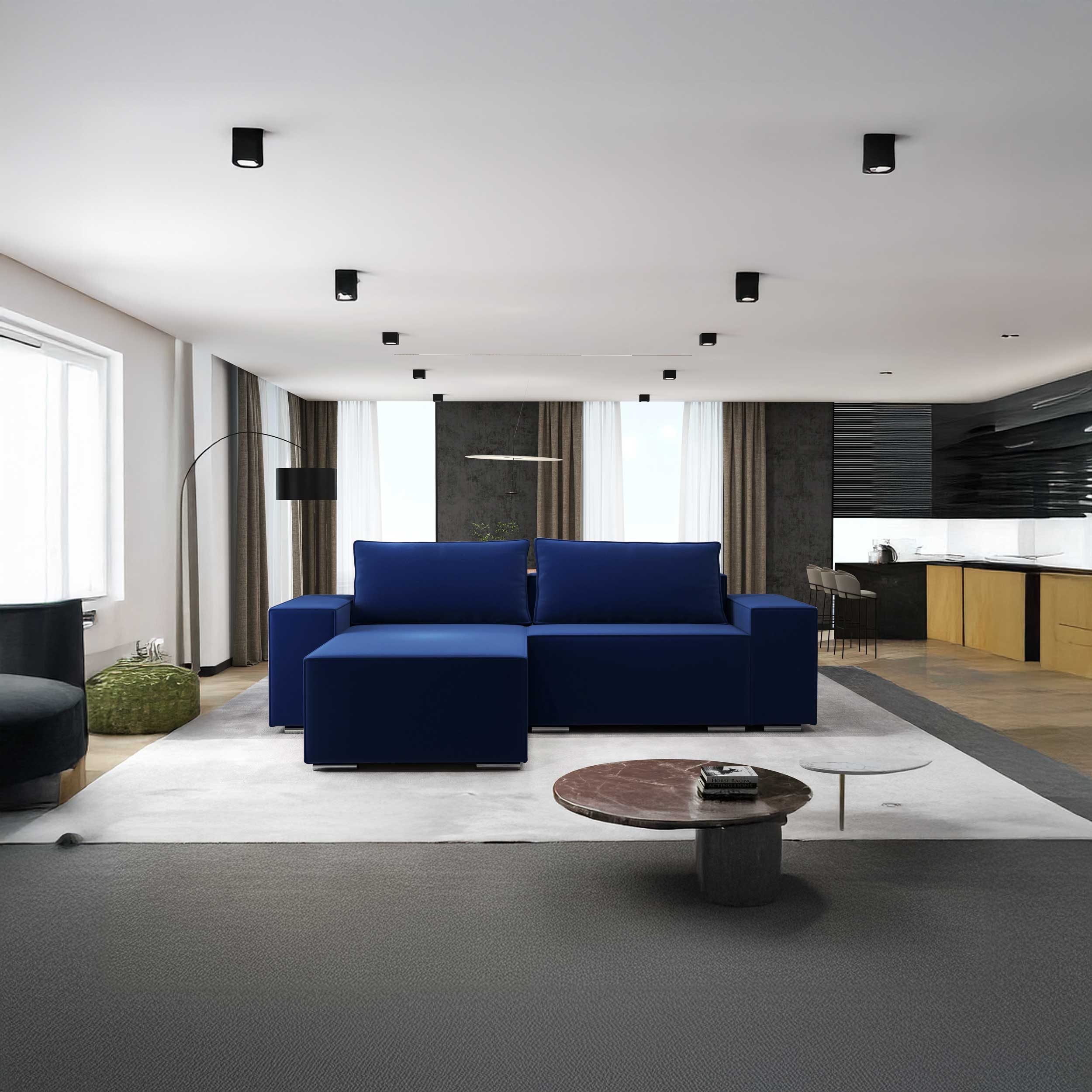 Colțar extensibil dumonde cu ladă de depozitare si sezut confortabil din spuma HR, Dream Royal Albastru 290x185 cm Fabrica