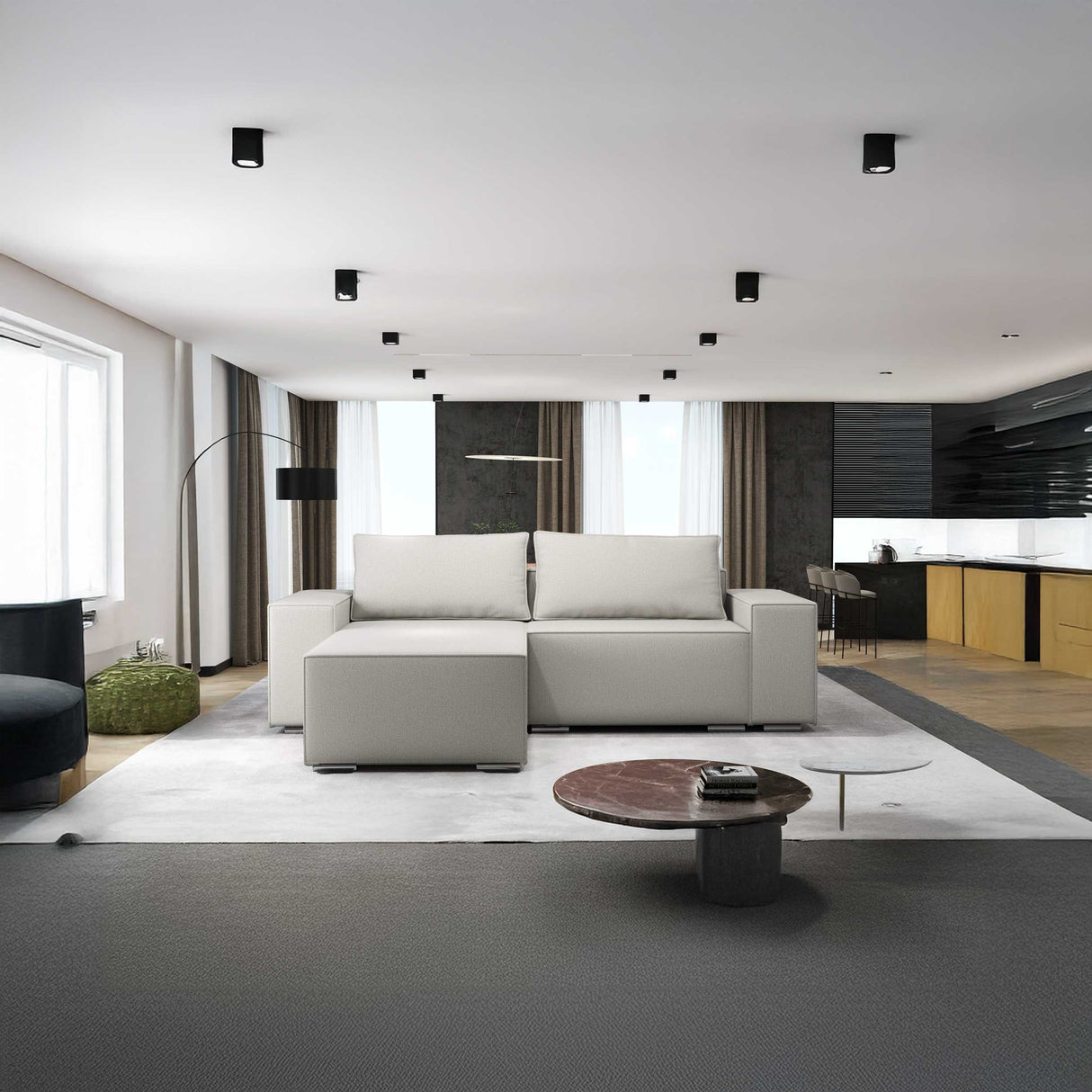 Colțar extensibil dumonde cu ladă de depozitare si sezut confortabil din spuma HR, Dream Enjoy Bej 290x185 cm Fabrica