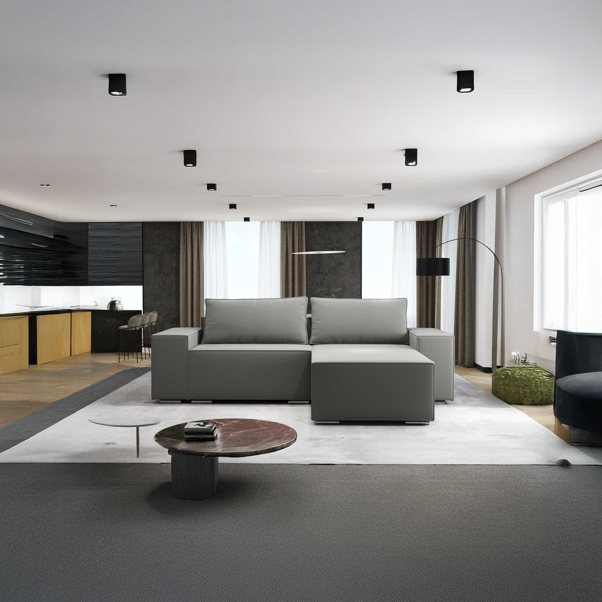 Colțar extensibil dumonde cu ladă de depozitare si sezut confortabil din spuma HR, Dream Royal Gri 290x185 cm II Fabrica