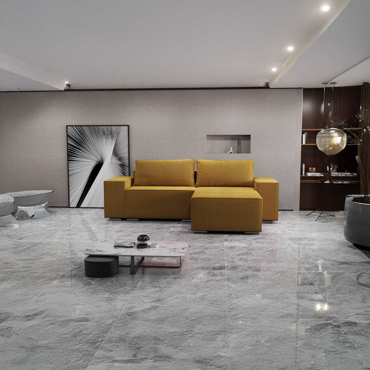 Colțar extensibil dumonde cu ladă de depozitare si sezut confortabil din spuma HR, Dream Zoom Mustar 290x185 cm II Fabrica