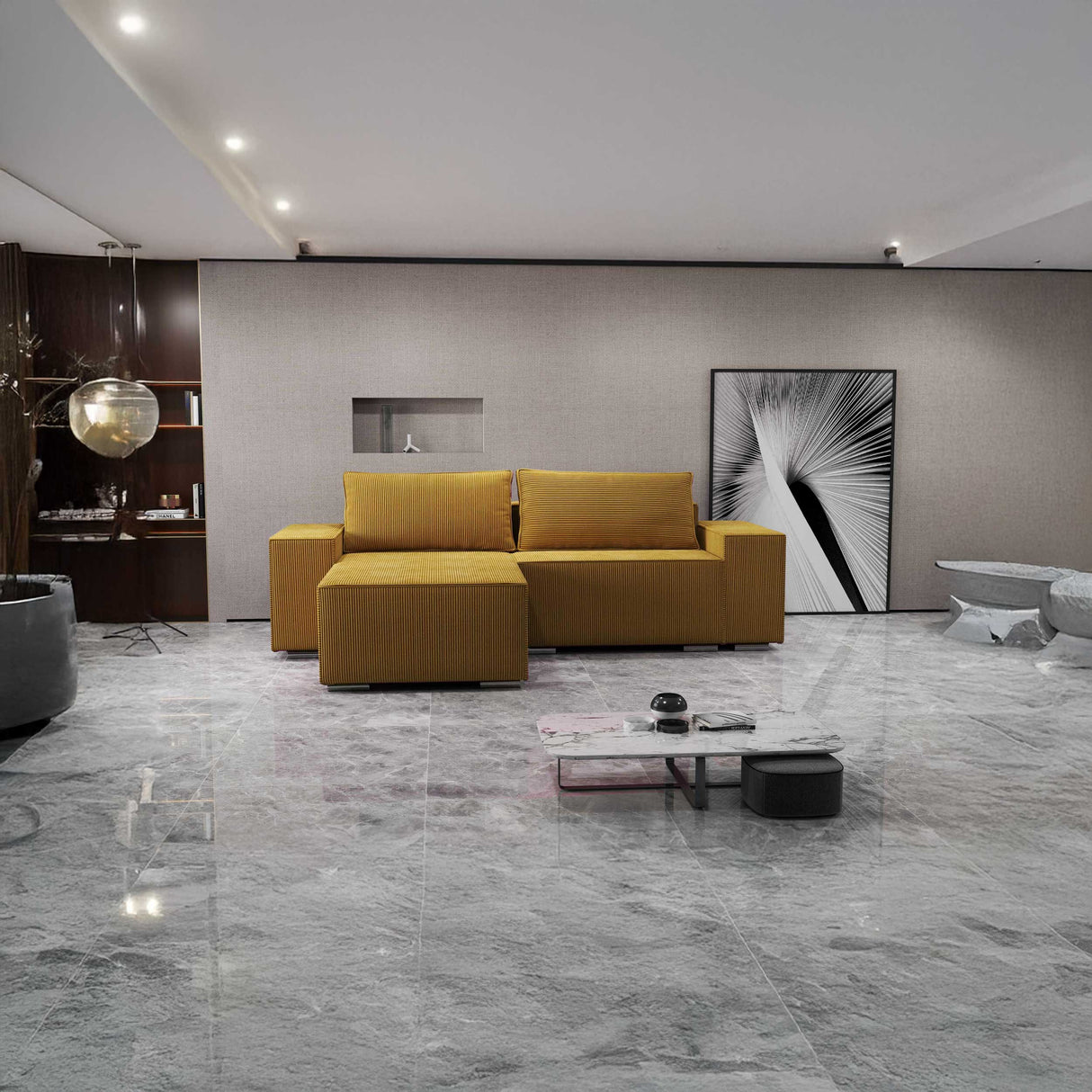 Colțar extensibil dumonde cu ladă de depozitare si sezut confortabil din spuma HR, Dream Zoom Mustar 290x185 cm Fabrica