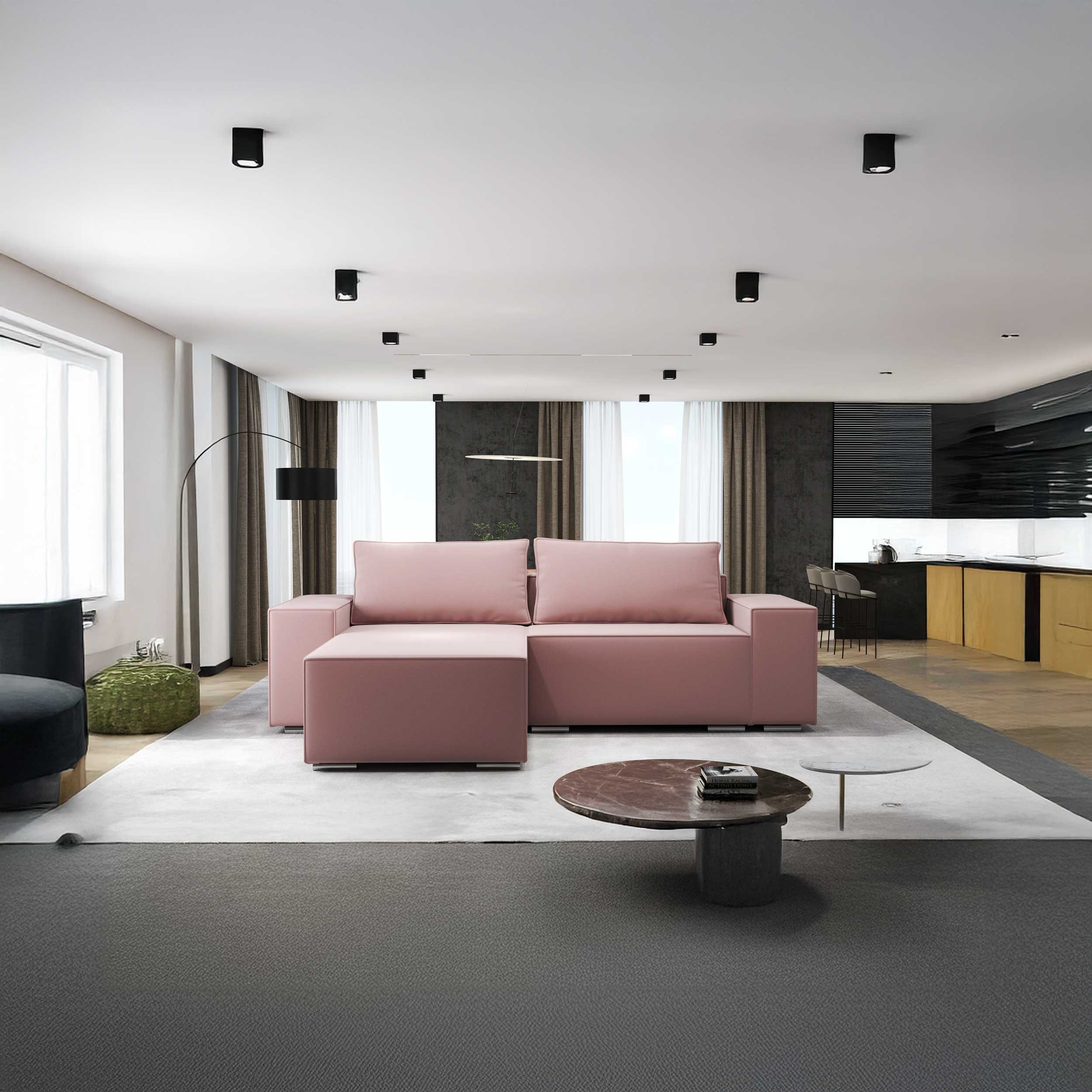 Colțar extensibil dumonde cu ladă de depozitare si sezut confortabil din spuma HR, Dream Royal Roz 290x185 cm Fabrica