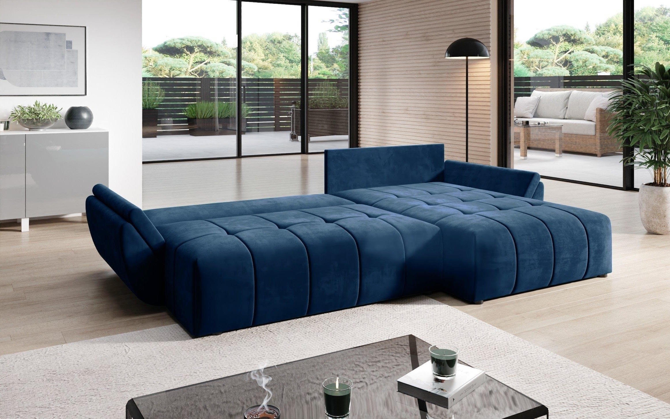 Colțar extensibil dumonde cu ladă de depozitare si sezut confortabil din spuma HR, Berlin Albastru Pudrat II 280x185 cm Fabrica