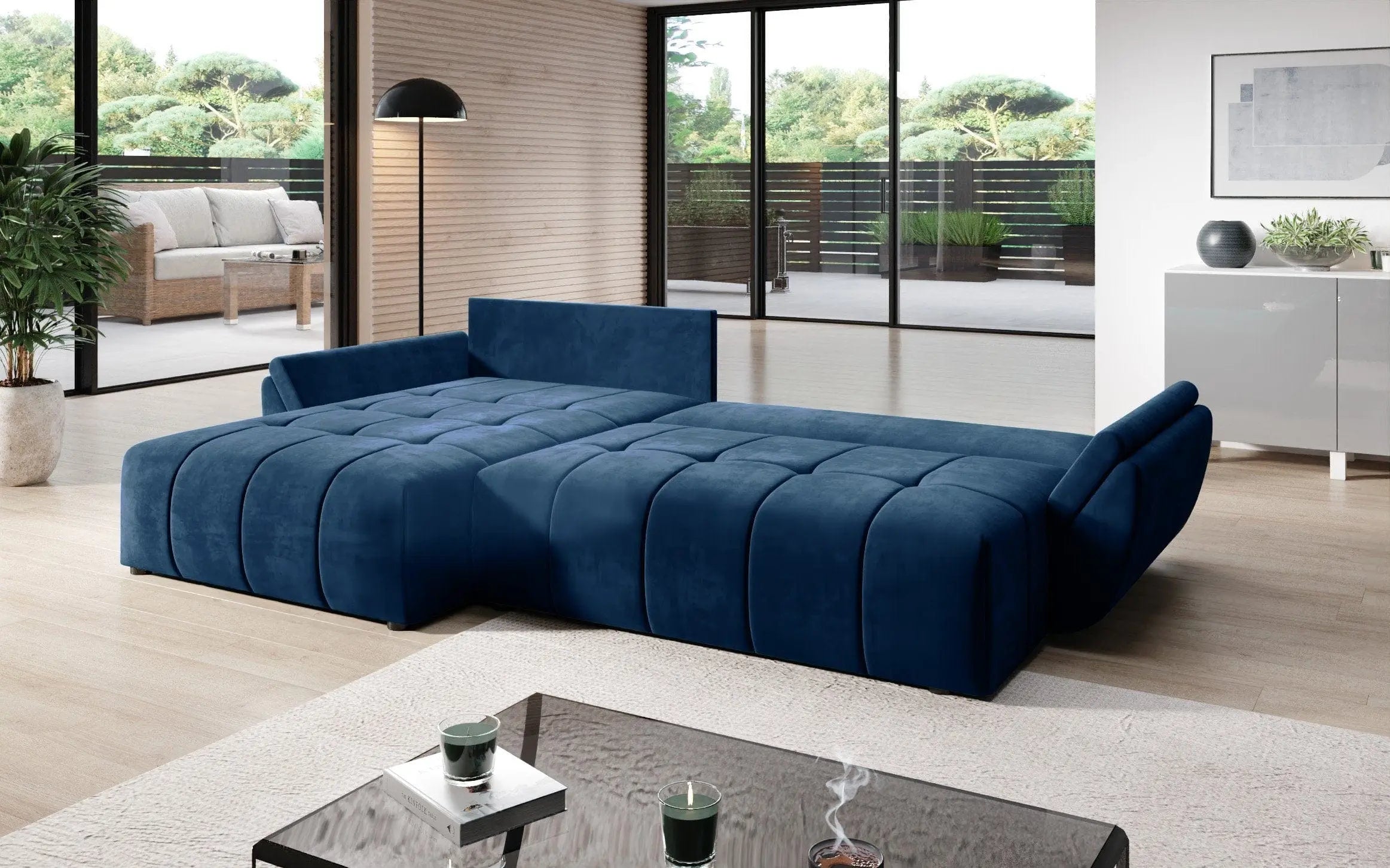 Colțar extensibil dumonde cu ladă de depozitare si sezut confortabil din spuma HR, Berlin Albastru Pudrat 280x185 cm Fabrica