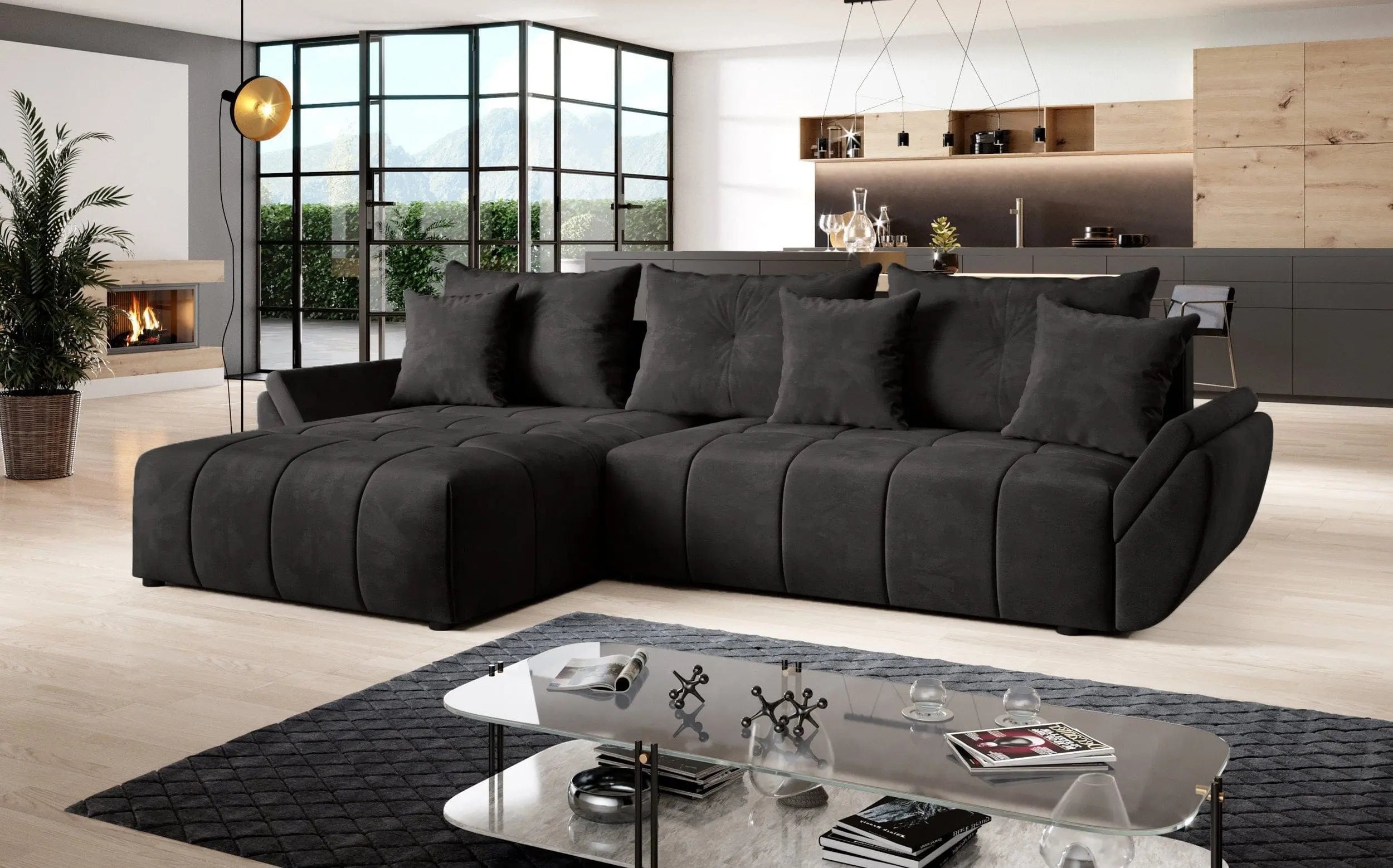 Colțar extensibil dumonde cu ladă de depozitare si sezut confortabil din spuma HR, Berlin Black 280x185 cm Fabrica