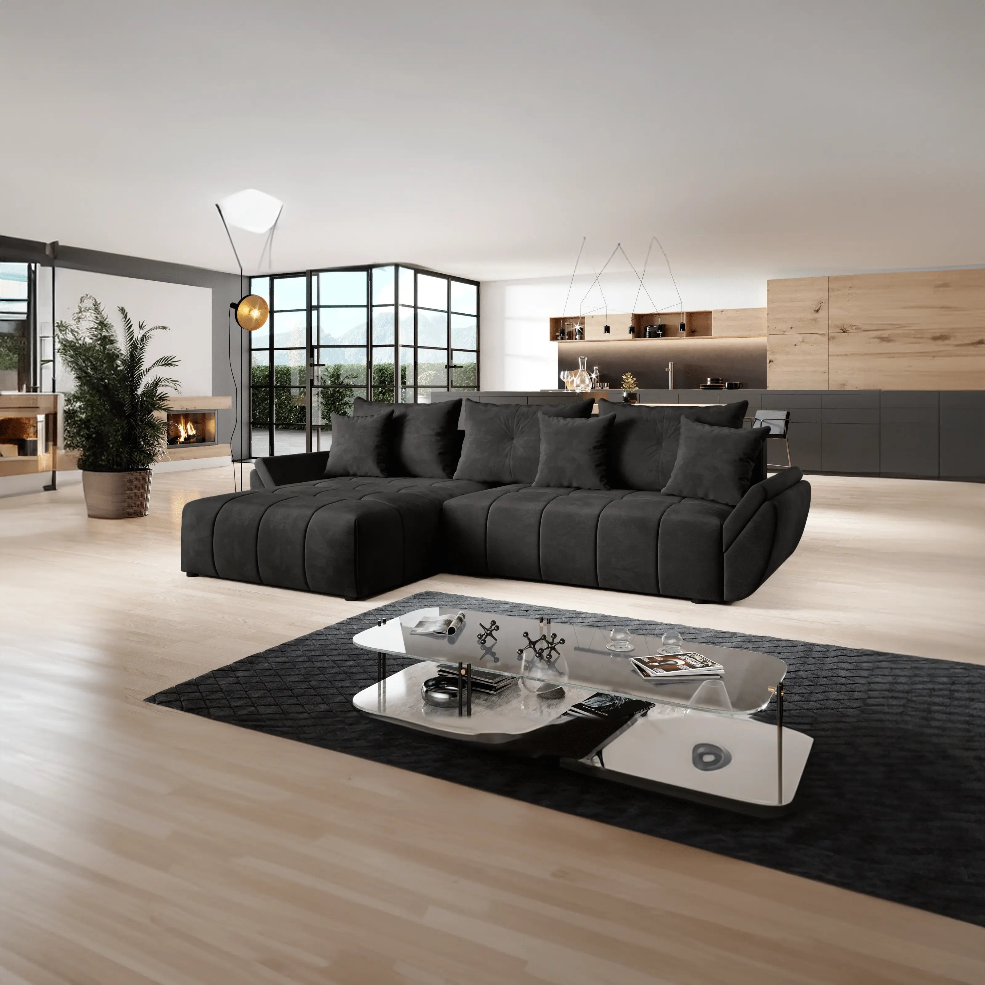 Colțar extensibil dumonde cu ladă de depozitare si sezut confortabil din spuma HR, Berlin Black 280x185 cm Fabrica
