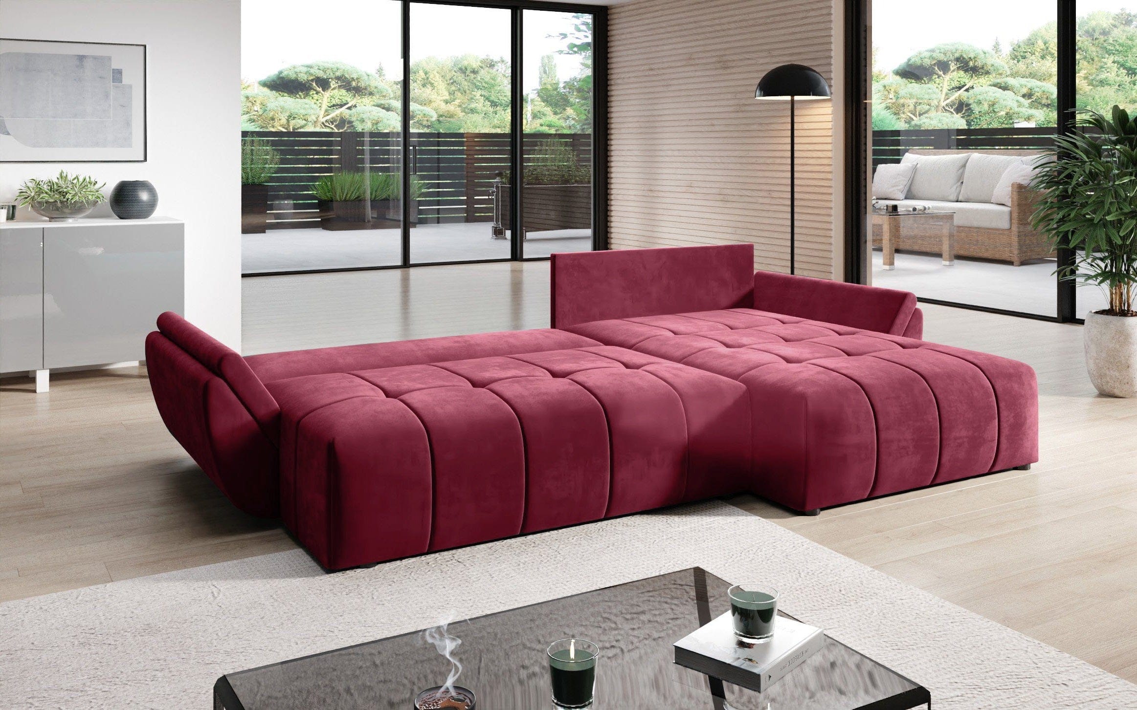 Colțar extensibil dumonde cu ladă de depozitare si sezut confortabil din spuma HR, Berlin Bordoux II 280x185 cm Fabrica
