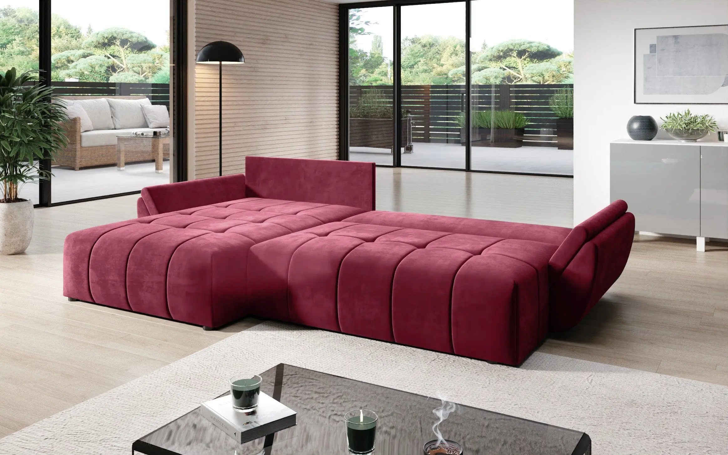 Colțar extensibil dumonde cu ladă de depozitare si sezut confortabil din spuma HR, Berlin Bordoux 280x185 cm Fabrica