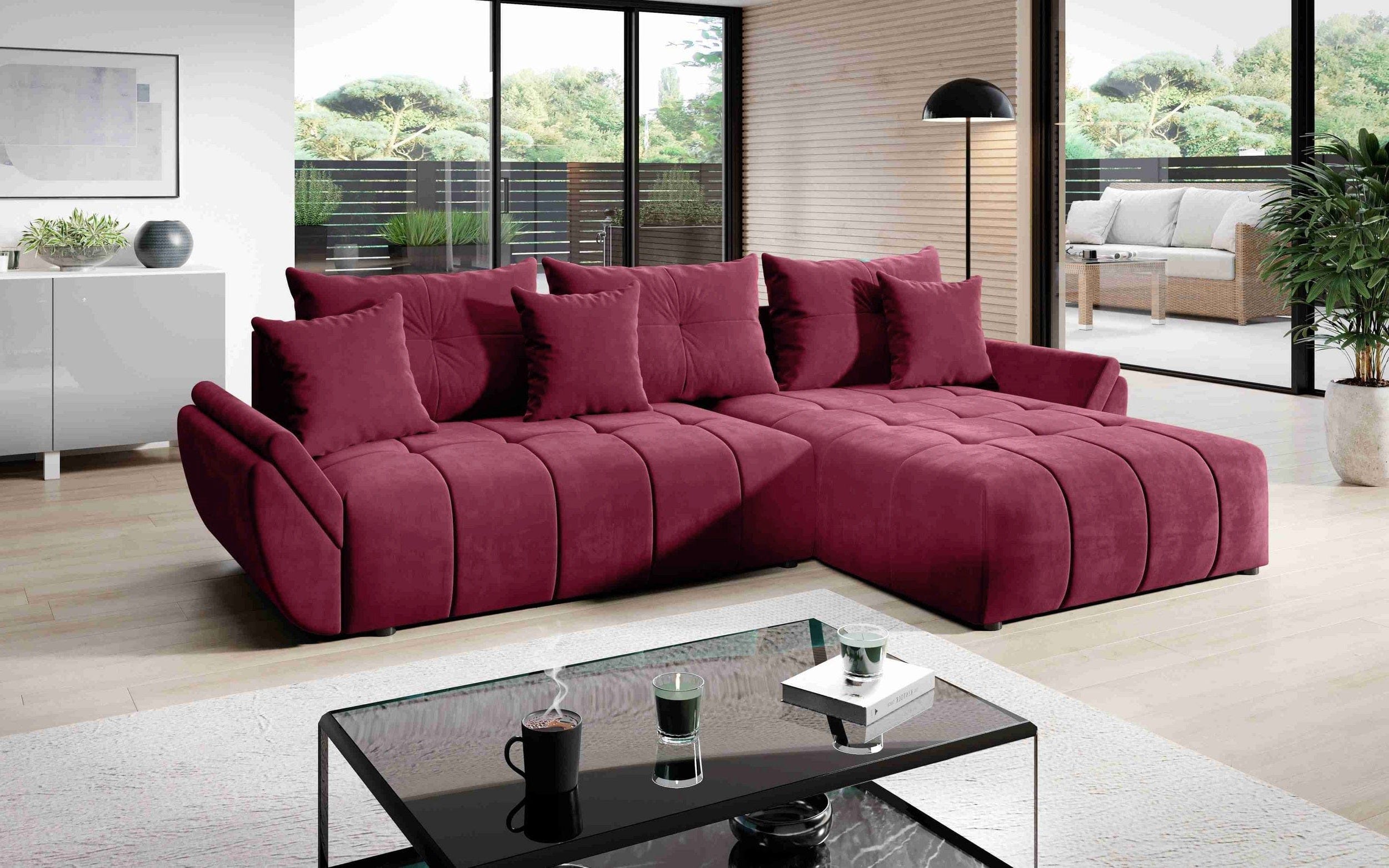 Colțar extensibil dumonde cu ladă de depozitare si sezut confortabil din spuma HR, Berlin Bordoux II 280x185 cm Fabrica