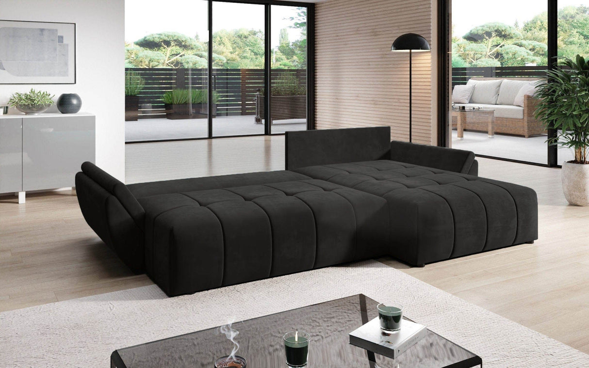 Colțar extensibil dumonde cu ladă de depozitare si sezut confortabil din spuma HR, Berlin Black II 280x185 cm