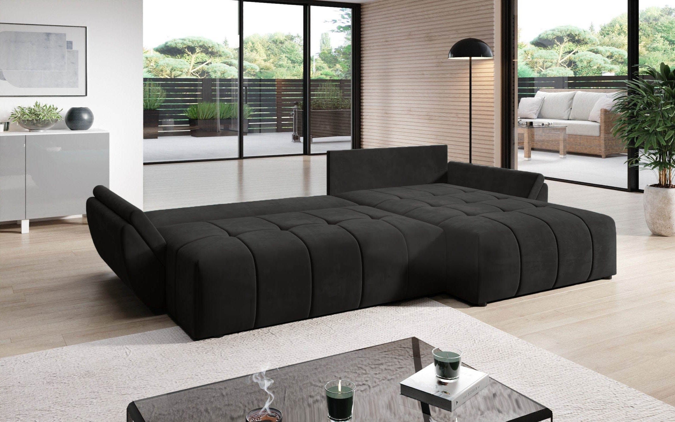 Colțar extensibil dumonde cu ladă de depozitare si sezut confortabil din spuma HR, Berlin Black II 280x185 cm Fabrica