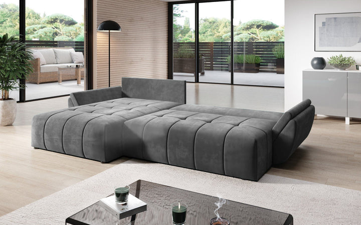 Colțar extensibil dumonde cu ladă de depozitare si sezut confortabil din spuma HR, Berlin Grey 280x185 cm Fabrica