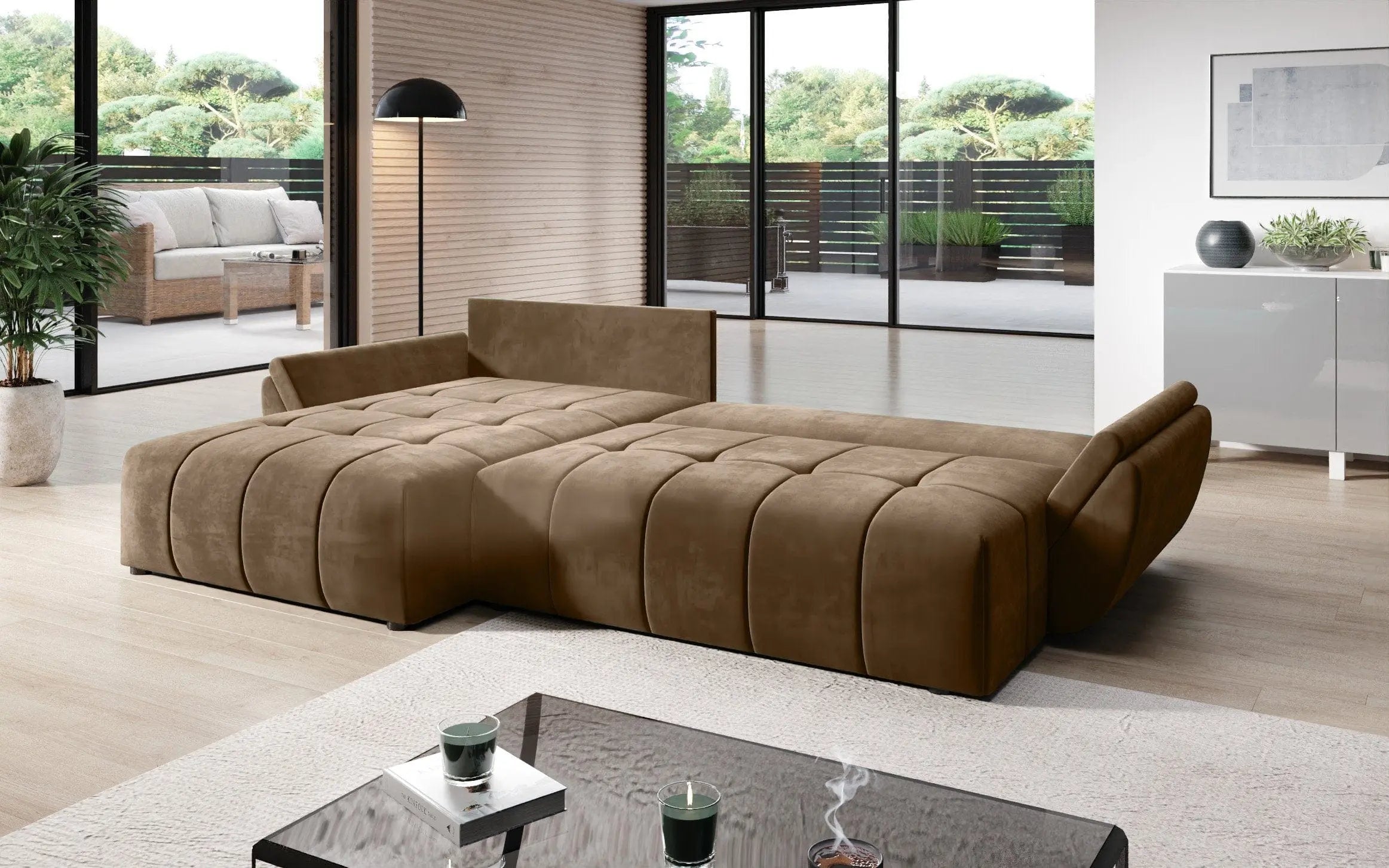 Colțar extensibil dumonde cu ladă de depozitare si sezut confortabil din spuma HR, Berlin Braun 280x185 cm Fabrica