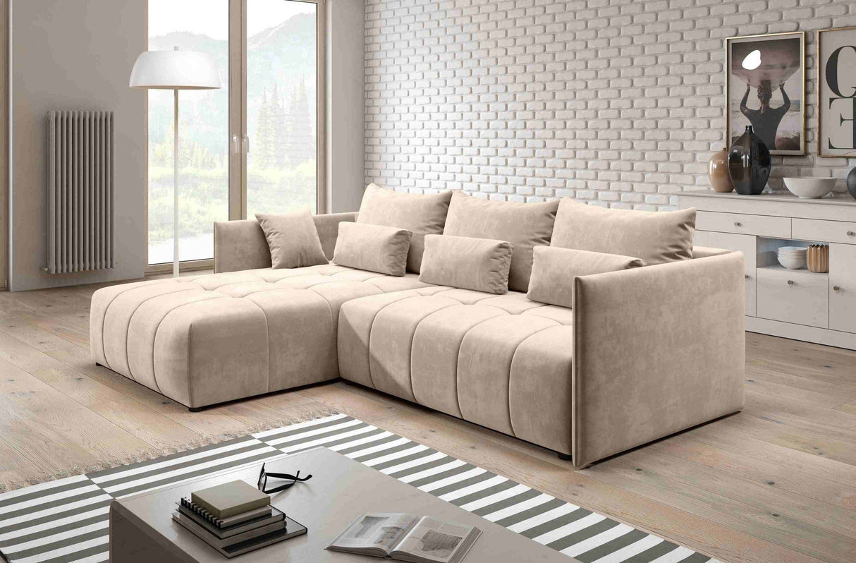 Colțar extensibil dumonde cu ladă de depozitare si sezut confortabil din spuma HR, Malta Beige 235x185 cm