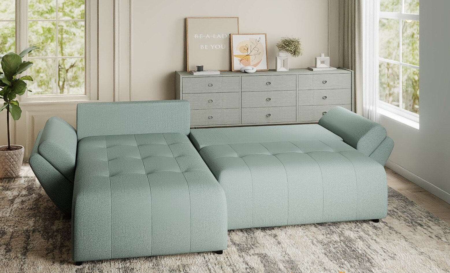 Colțar extensibil dumonde cu ladă de depozitare si sezut confortabil din spuma HR, Berlin Enjoy Verde Mint 280x185 cm