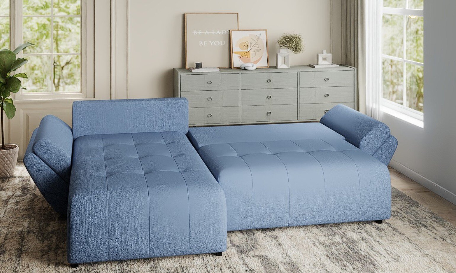 Colțar extensibil dumonde cu ladă de depozitare si sezut confortabil din spuma HR, Berlin Enjoy Albastru 280x185 cm