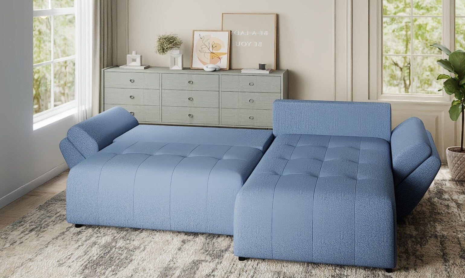 Colțar extensibil dumonde cu ladă de depozitare si sezut confortabil din spuma HR, Berlin Enjoy Albastru 280x185 cm II