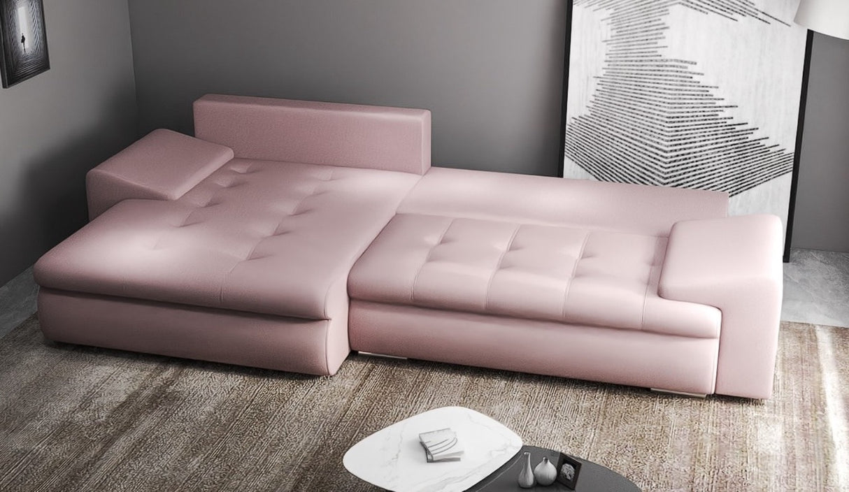 Colțar extensibil dumonde cu ladă de depozitare si sezut confortabil din spuma HR, Leonardo Enjoy Roz 255x193 cm