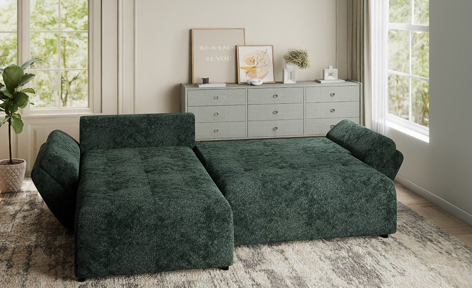 Colțar extensibil dumonde cu ladă de depozitare si sezut confortabil din spuma HR, Berlin Euphoria Verde 280x185 cm